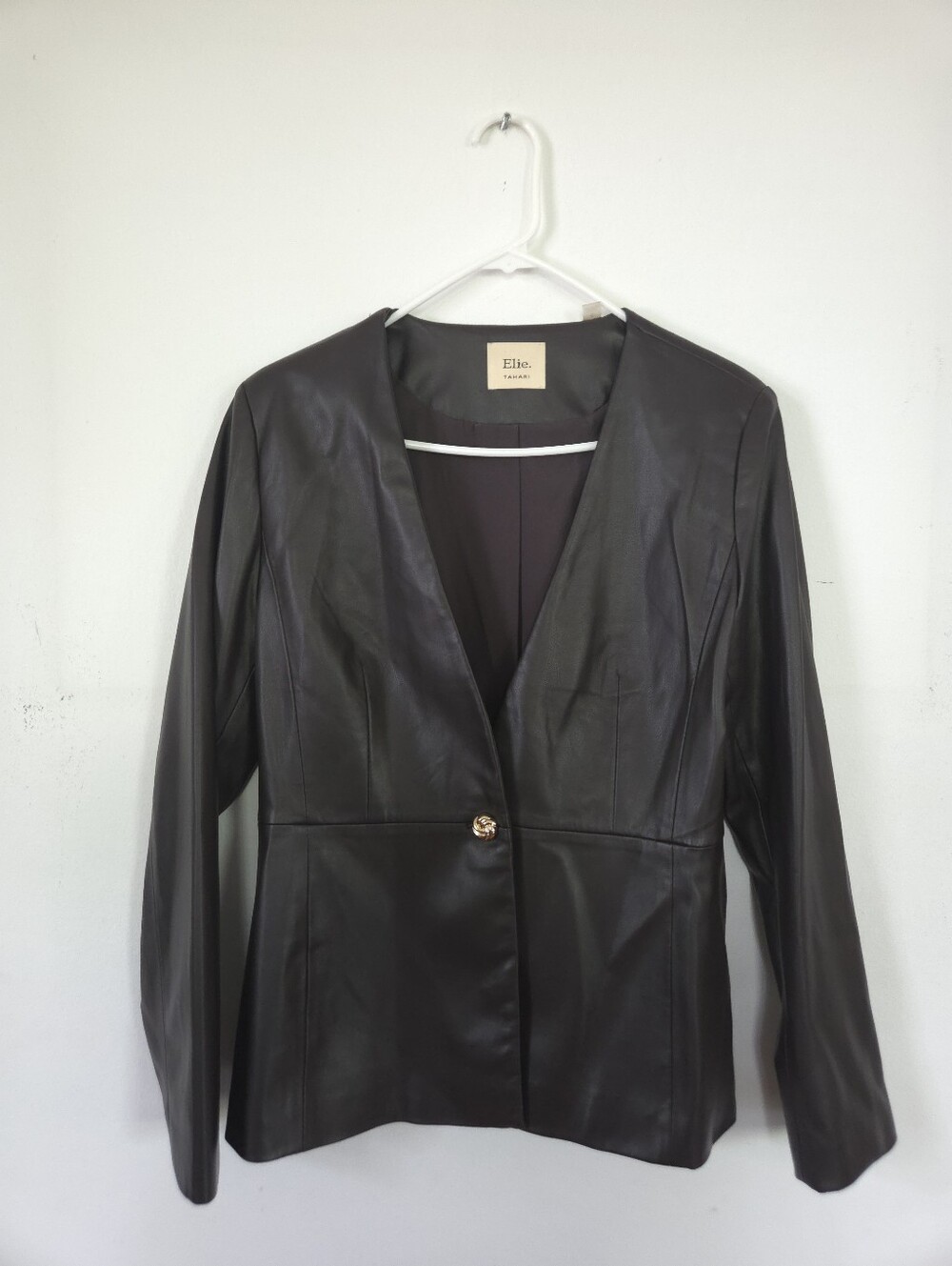 Ellie Tahari Faux-Leather V-Neck Jacket with Gold Button